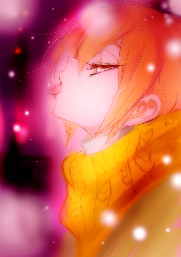 bangs from_side half-closed_eyes hoshizora_rin love_live! love_live!_school_idol_project open_mouth orange_hair scarf short_hair snow solo tasting tima tongue tongue_out upper_body winter_clothes yellow_eyes yellow_scarf