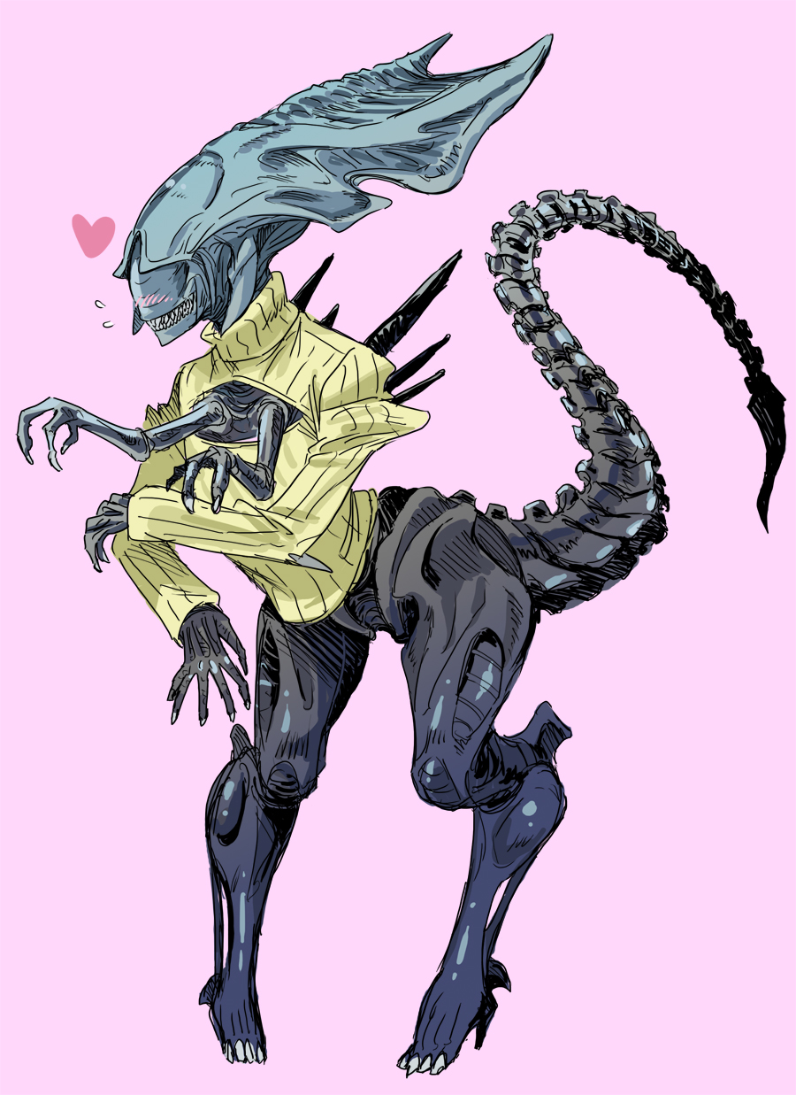 alien alien_(movie) alien_queen blush carapace cleavage_cutout digitigrade extra_arms flat_chest flying_sweatdrops full_body heart highres mature meme_attire monster open-chest_sweater pigeon-toed pink_background ribbed_sweater shepherd0821 simple_background solo standing sweater tail turtleneck xenomorph