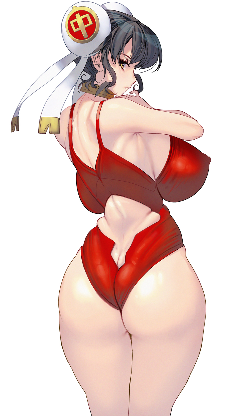 1girl ass bracelet breasts brown_eyes brown_hair butt_crack collar double_bun highres huge_ass jewelry large_breasts looking_at_viewer looking_back masao one-piece_swimsuit original red_swimsuit short_hair solo swimsuit thick_thighs thighs wide_hips