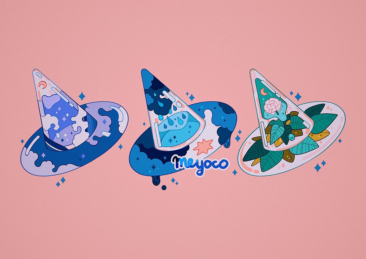 artist_name cloud commentary crescent_moon droplet english_commentary flower hat leaf liquid meyoco moon no_humans original pink_background pink_flower plant rain see-through shiny simple_background sparkle water water_drop waves witch_hat