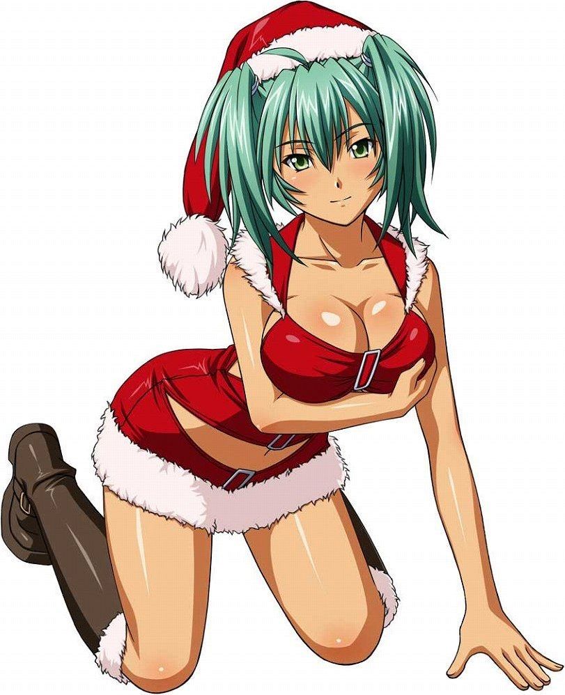artist_request boots breasts cleavage collarbone full_body green_eyes green_hair hat ikkitousen jpeg_artifacts large_breasts long_hair midriff navel red_hat ryofu_housen santa_costume santa_hat simple_background smile solo twintails white_background