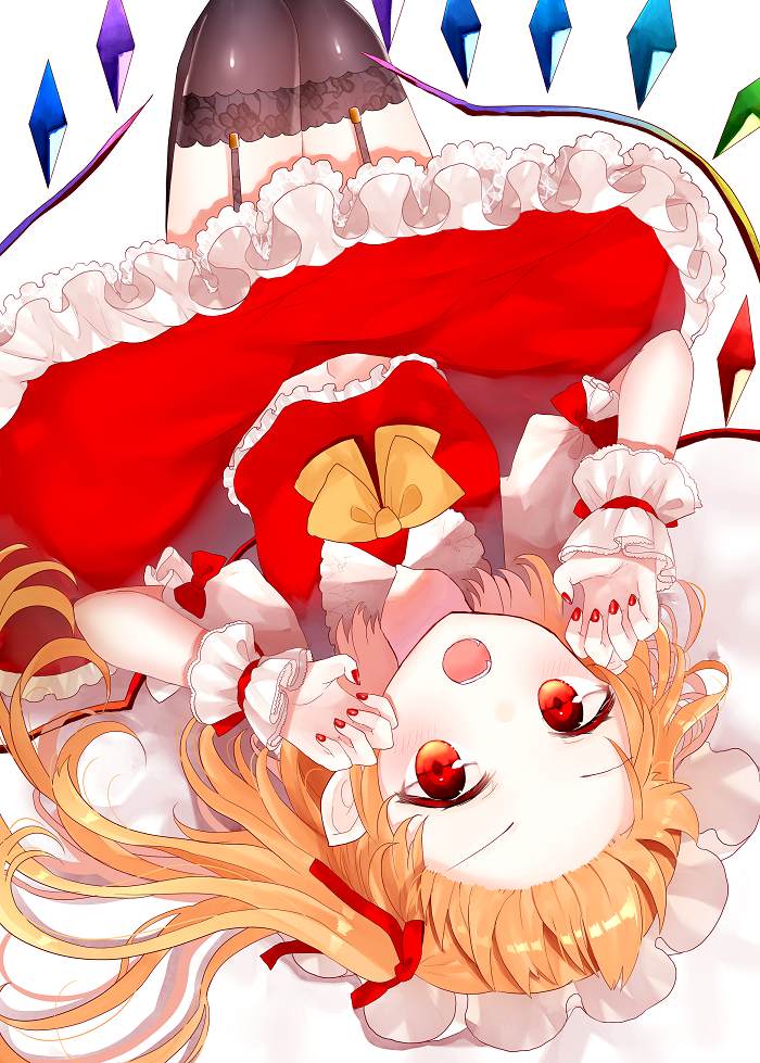 1girl black_legwear blonde_hair claw_pose crystal flandre_scarlet folded_leg forehead frilled_skirt frills garter_straps hair_ribbon hat lace lace-trimmed_legwear looking_at_viewer lying midriff_peek mob_cap nail_polish neck_ribbon on_back open_mouth over-kneehighs petticoat red_eyes red_nails red_ribbon red_skirt red_vest ribbon sakipsakip short_hair side_ponytail simple_background skirt solo teeth thighhighs touhou upside-down vest white_background wings wrist_cuffs yellow_neckwear