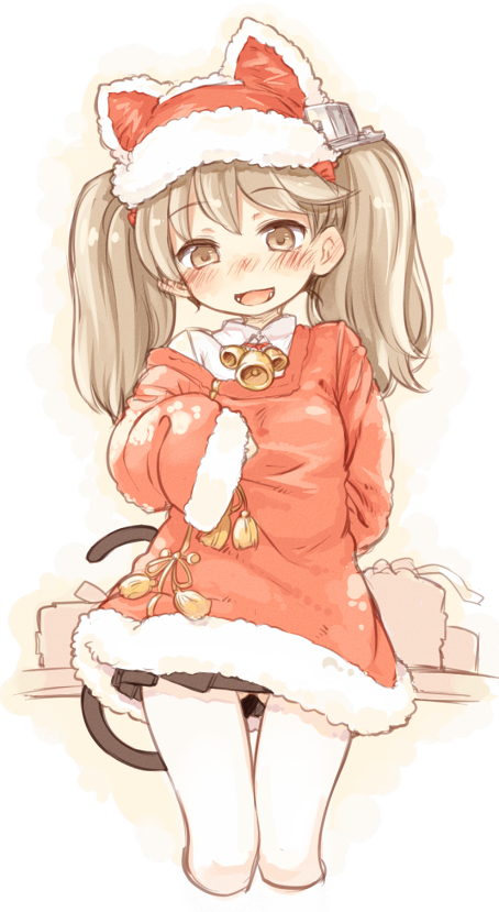 7010 :d animal_hat arms_behind_back ass_visible_through_thighs bell bell_collar blush brown_eyes brown_hair brown_skirt cat_hat cat_tail collar fur_trim hair_ornament hat japanese_clothes kantai_collection kariginu kemonomimi_mode looking_at_viewer open_mouth pantyhose pleated_skirt ryuujou_(kantai_collection) santa_costume skirt sleeves_past_wrists smile solo tail twintails white_legwear