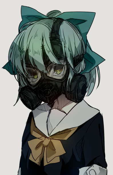 bad_id bad_twitter_id bangs bow bowtie brown_eyes gas_mask grey_hair hair_bow kantai_collection ponytail solo uniform upper_body yarawi yuubari_(kantai_collection)