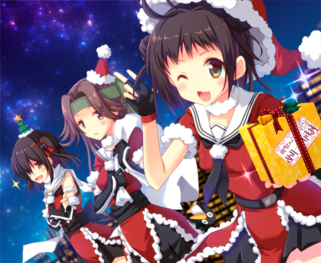 ;d adapted_costume black_gloves blush brown_background brown_eyes crossed_arms double_bun elbow_gloves fingerless_gloves fur_collar fur_trim gift gloves hat headband jintsuu_(kantai_collection) kantai_collection long_hair looking_at_viewer multiple_girls naka_(kantai_collection) night night_sky one_eye_closed open_mouth remodel_(kantai_collection) santa_costume santa_hat sendai_(kantai_collection) short_hair sky smile sparkle takanashi_haruto