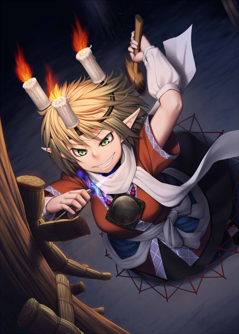 arm_warmers blonde_hair candle commentary evil_grin evil_smile green_eyes grin h_kasei hammer hashihime mizuhashi_parsee nail pointy_ears sash scarf shirt short_sleeves skirt smile solo touhou voodoo_doll