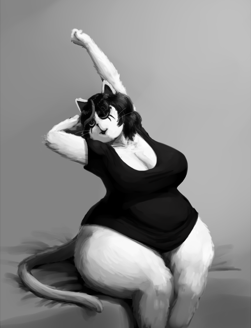 anthro bed big_breasts black_hair breasts cat catti_(deltarune) cleavage clothed clothing deltarune digital_media_(artwork) eyes_closed feline female grey_background hair mammal outta_sync overweight overweight_female shirt simple_background sitting solo stretching thick_thighs video_games voluptuous wide_hips