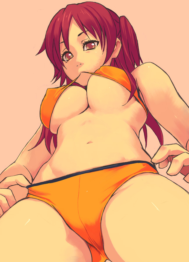 bikini bikini_in_mouth breasts from_below large_breasts long_hair mouth_hold orange_eyes original red_hair solo swimsuit underboob yuuji_(and)