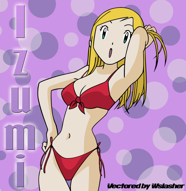 bikini blonde_hair digimon digimon_frontier front-tie_top green_eyes orimoto_izumi pose side-tie_bikini solo swimsuit vector_trace