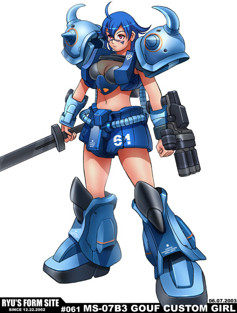 armor blue_hair boots gouf_custom gundam gundam_08th_ms_team mecha_musume ryu_(ryu's_former_site) solo sword weapon