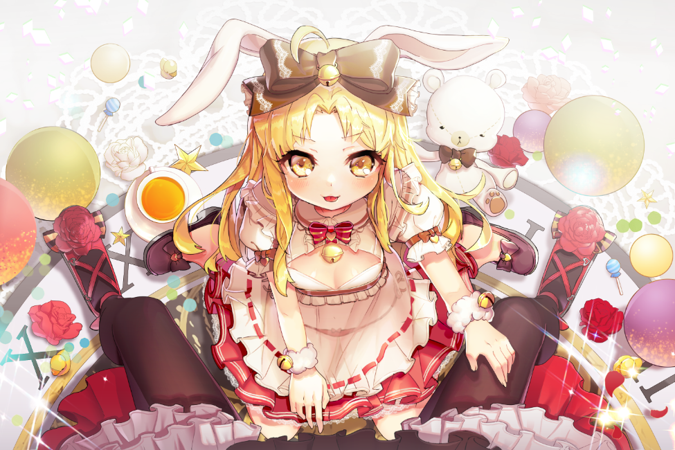 :p animal_ears bell between_legs black_legwear blonde_hair blush bow bunny candy cannelle dress fake_animal_ears female_pov flower food frilled_dress frills gio_(maroon0924) hair_bell hair_bow hair_ornament hairband jingle_bell lolita_fashion lollipop long_hair looking_at_viewer multiple_girls open_mouth out_of_frame pantyhose pov rose sitting solo_focus sword_girls tongue tongue_out v-shaped_eyebrows wariza yellow_eyes