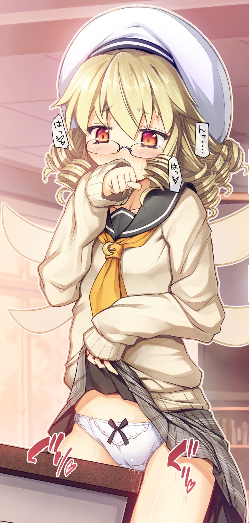 1girl arm_up blonde_hair blush brown_sweater cameltoe chima_q classroom clenched_hand clothed_masturbation commentary_request covering_mouth crotch_rub curly_hair desk fairy fairy_wings glasses grey_skirt hat highres lifted_by_self luna_child masturbation masturbation_through_clothing panties plaid plaid_skirt pussy_juice red_eyes school_uniform short_hair skirt skirt_lift solo sweater table_sex touhou underwear white_hat white_panties wings