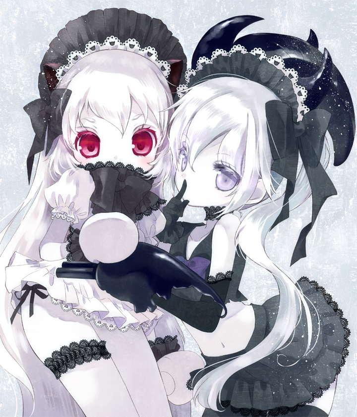 adapted_costume arm_cannon covered_mouth destroyer_hime finger_to_mouth frills gothic_lolita hairband hat hato_rami headdress kantai_collection leg_garter lolita_fashion lolita_hairband microskirt mittens multiple_girls navel northern_ocean_hime puffy_short_sleeves puffy_sleeves purple_eyes red_eyes ribbon shinkaisei-kan short_sleeves side_ponytail skirt weapon white_hair