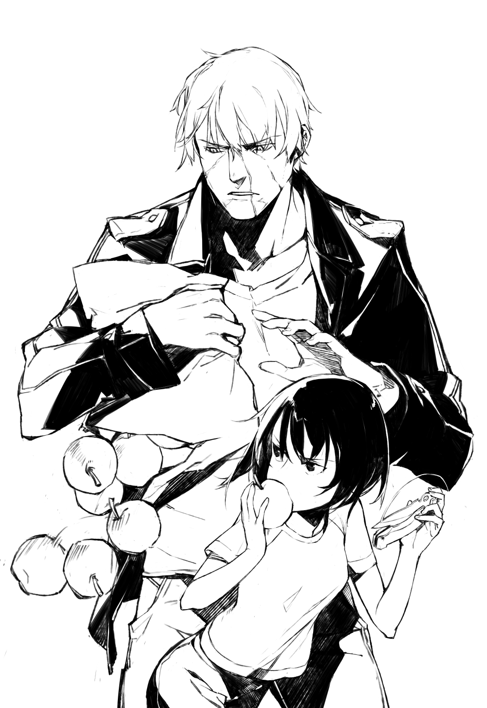 1girl apple character_request dogs:_bullets_&amp;_carnage duoyuanjun food fruit fuyumine_naoto greyscale highres monochrome scar short_hair younger