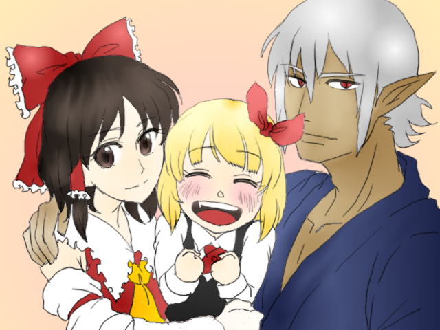 2girls blonde_hair blush bow brown_eyes brown_hair buront crossover detached_sleeves final_fantasy final_fantasy_xi hair_bow hair_ribbon hair_tubes hakurei_reimu happy long_sleeves maruman multiple_girls pointy_ears red_eyes ribbon rumia short_hair silver_hair smile the_iron_of_yin_and_yang touhou vest
