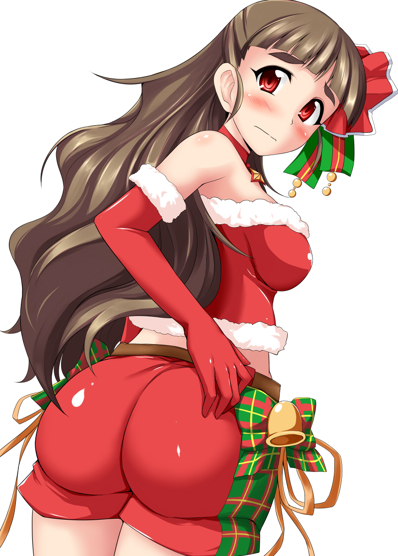 ass ass_focus bangs bare_shoulders bell belt blunt_bangs blush bow breasts brown_belt brown_hair choker christmas closed_mouth comiket_87 commentary_request cowboy_shot crop_top dutch_angle elbow_gloves embarrassed from_behind fur-trimmed_gloves fur-trimmed_shirt fur_trim furrowed_eyebrows gloves hand_on_hip idolmaster idolmaster_cinderella_girls kamiya_nao legs_together long_hair looking_at_viewer looking_back medium_breasts orange_ribbon plaid plaid_bow red_choker red_eyes red_gloves red_shorts ribbon ringed_eyes santa_costume shiny shiny_clothes short_shorts shorts simple_background solo standing stiel thick_eyebrows twisted_torso very_long_hair white_background