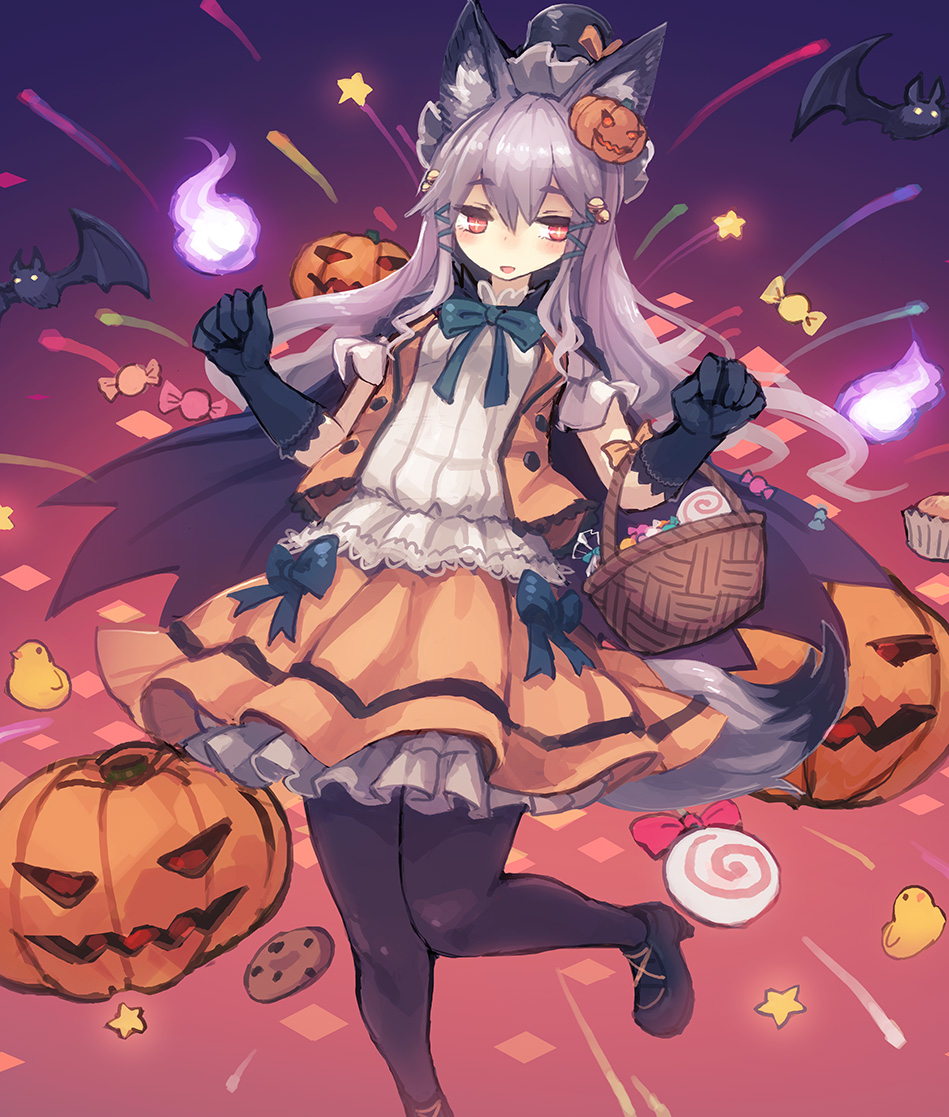 +_+ 1girl animal_ears basket bat bee_(deadflow) black_legwear bow candy cape concon-collector cookie elbow_gloves food gloves hair_ornament halloween hat jack-o'-lantern jack-o'-lantern_hair_ornament jacket leg_up lollipop long_hair pantyhose silver_hair solo standing standing_on_one_leg