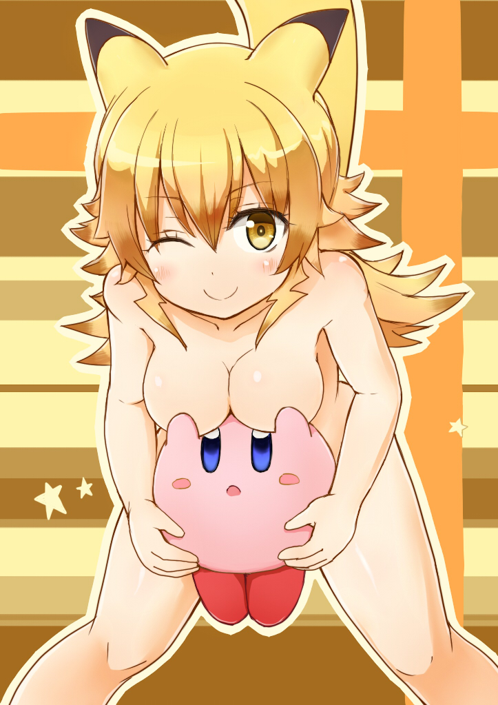 ;) animal_ears blonde_hair blue_eyes blush breasts covering covering_breasts creature gen_1_pokemon kirby kirby_(series) komito long_hair looking_at_viewer medium_breasts nude one_eye_closed personification pikachu pokemon pokemon_(creature) smile super_smash_bros. tail yellow_eyes