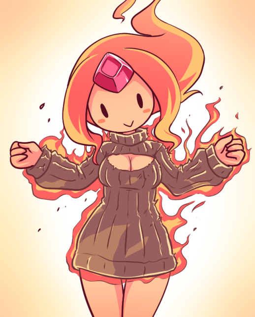 1girl :&gt; adventure_time breasts cartoon_network cleavage flame_princess flaming_hair forehead_jewel long_hair nollety open-chest_sweater orange_skin smile