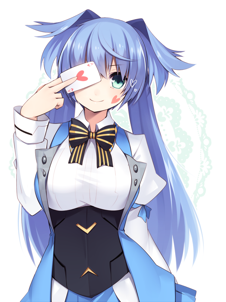 ace ahoge aqua_eyes arm_behind_back arm_ribbon bangs blue_hair bow bowtie breasts buttons card covering covering_eyes cowboy_shot croupier deal facial_tattoo flipped_hair hair_intakes hand_up heart holding holding_card juliet_sleeves lace lace_background large_breasts light_smile long_hair long_sleeves looking_at_viewer muryotaro open_clothes open_vest phantasy_star phantasy_star_online_2 playing_card puffy_long_sleeves puffy_sleeves ribbon smile solo striped tattoo taut_clothes twintails very_long_hair vest waistcoat white_background