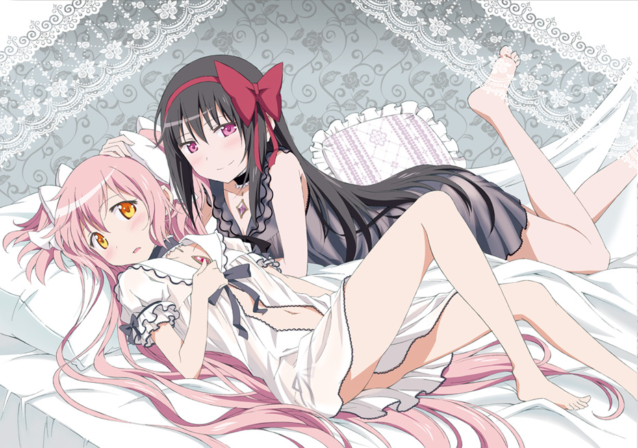 akemi_homura akuma_homura ayukko_(forest_village) barefoot bed black_hair black_panties bow choker cushion hair_ribbon kaname_madoka lace_border lingerie long_hair looking_at_viewer lying mahou_shoujo_madoka_magica mahou_shoujo_madoka_magica_movie multiple_girls navel negligee on_back on_stomach open_mouth orange_eyes panties pillow pink_eyes pink_hair ribbon short_sleeves side-tie_panties soul_gem two_side_up ultimate_madoka underwear very_long_hair yuri