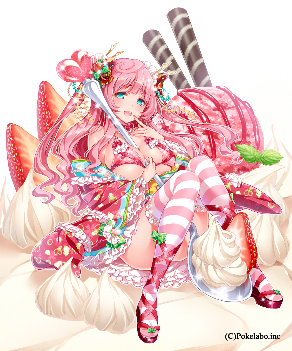 bad_id bad_pixiv_id between_breasts bikini_top blue_eyes blue_hair bow breasts dessert finger_to_mouth food frills fruit hair_bow highres hizuki_akira ice_cream in_food japanese_clothes large_breasts long_hair minigirl official_art open_mouth original oversized_object pink_hair sengoku_gensoukyoku simple_background sitting smile solo sparkle spoon strawberry striped striped_legwear thighhighs whipped_cream white_background