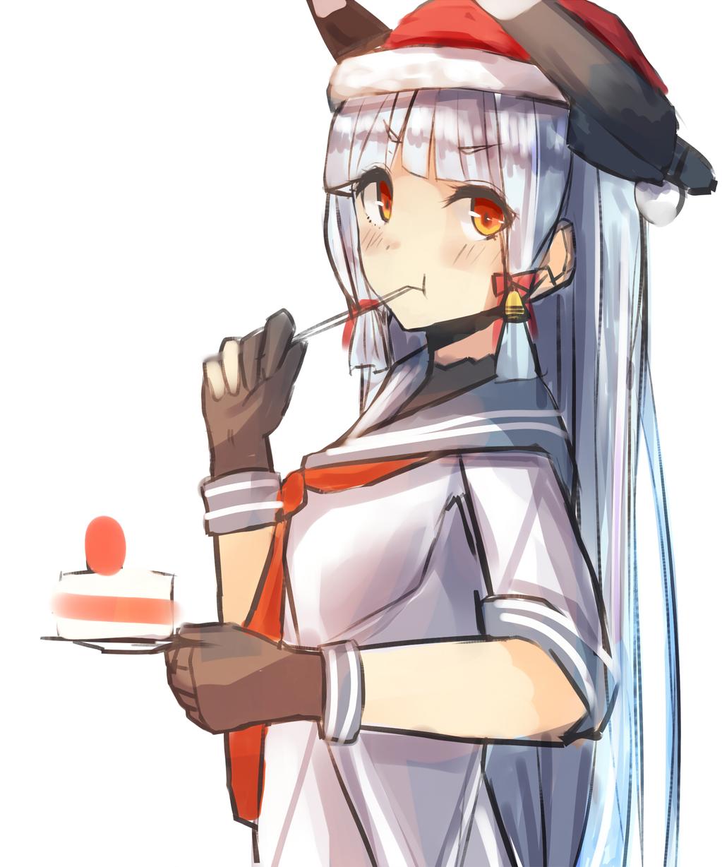 1girl aqua_hair bangs bell black_gloves blunt_bangs bust cake fingerless_gloves food fork_in_mouth fruit gloves hair_bell hair_ornament hat headgear highres holding_plate kantai_collection long_hair looking_at_viewer murakumo_(kantai_collection) payot plan_(planhaplalan) plate red_eyes sailor_collar sailor_dress santa_hat short_sleeves sidelocks simple_background slice_of_cake solo strawberry strawberry_shortcake upper_body white_background