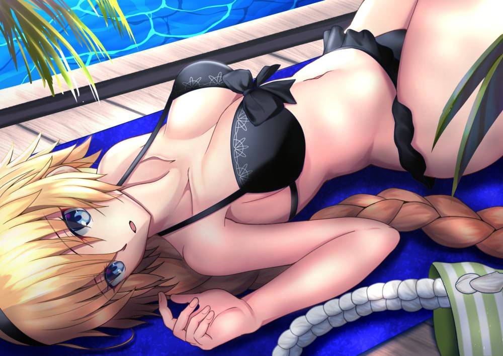 1girl bikini black_bikini black_bow blonde_hair blue_eyes bow braid braided_ponytail breasts cleavage collarbone eyebrows_visible_through_hair fate/grand_order fate_(series) frilled_bikini_bottom hair_between_eyes halterneck jeanne_d'arc_(fate)_(all) jeanne_d'arc_(swimsuit_archer) long_hair looking_at_viewer lying medium_breasts mishiro0229 on_back open_mouth shiny shiny_skin sideboob single_braid solo swimsuit very_long_hair