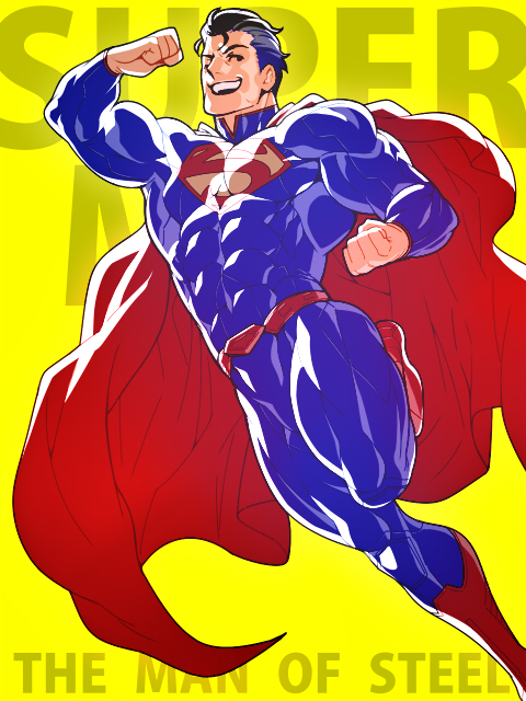 1boy alien black_hair bodysuit boots cape character_name copyright_name dc_comics flying kryptonian male male_focus red_cape red_shoes shoes smile solo superman superman_(series) yellow_background