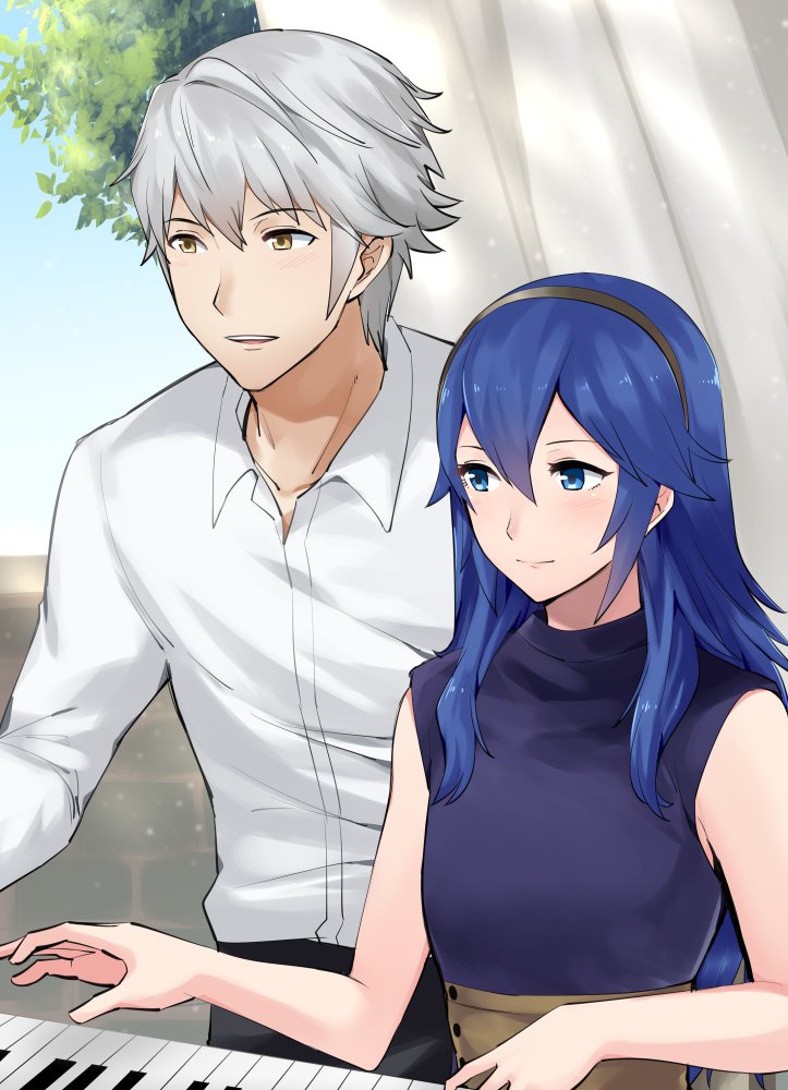 1boy 1girl a_meno0 blue_eyes blue_hair blue_shirt brown_hairband collarbone corset couple curtains day dress_shirt dust_particles fire_emblem fire_emblem:_kakusei hair_between_eyes hairband indoors instrument long_hair lucina male_my_unit_(fire_emblem:_kakusei) music my_unit_(fire_emblem:_kakusei) nintendo open_mouth open_window piano playing_instrument shiny shiny_hair shirt silver_hair sitting sleeveless sleeveless_shirt smile standing upper_body very_long_hair white_shirt window