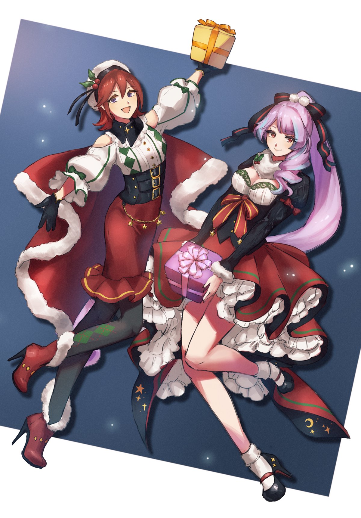 2girls :d black_gloves black_legwear blue_eyes boots box breasts choker cleavage corset eyebrows_visible_through_hair floating_hair full_body fur_boots gift gift_box gloves high_heel_boots high_heels high_ponytail highres holding holding_box kaname_buccaneer layered_skirt leg_up long_hair looking_at_viewer macross macross_delta medium_breasts mikumo_guynemer multiple_girls open_mouth outstretched_arms pantyhose pencil_skirt protected_link purple_hair red_eyes red_footwear red_hair red_skirt scarf shimatani_azu shirt short_hair shoulder_cutout skirt smile socks very_long_hair white_hair white_legwear white_shirt