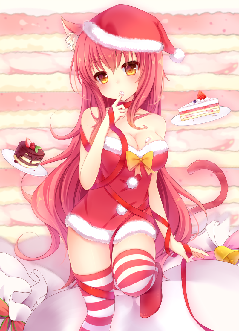 amashiro_natsuki animal_ears bad_id bad_pixiv_id bow breasts cake cat_ears choker cleavage cream finger_to_mouth food food_on_body hat long_hair looking_at_viewer medium_breasts original red_hair ribbon sack santa_costume santa_hat slice_of_cake solo standing standing_on_one_leg strawberry_shortcake striped striped_legwear thighhighs yellow_eyes