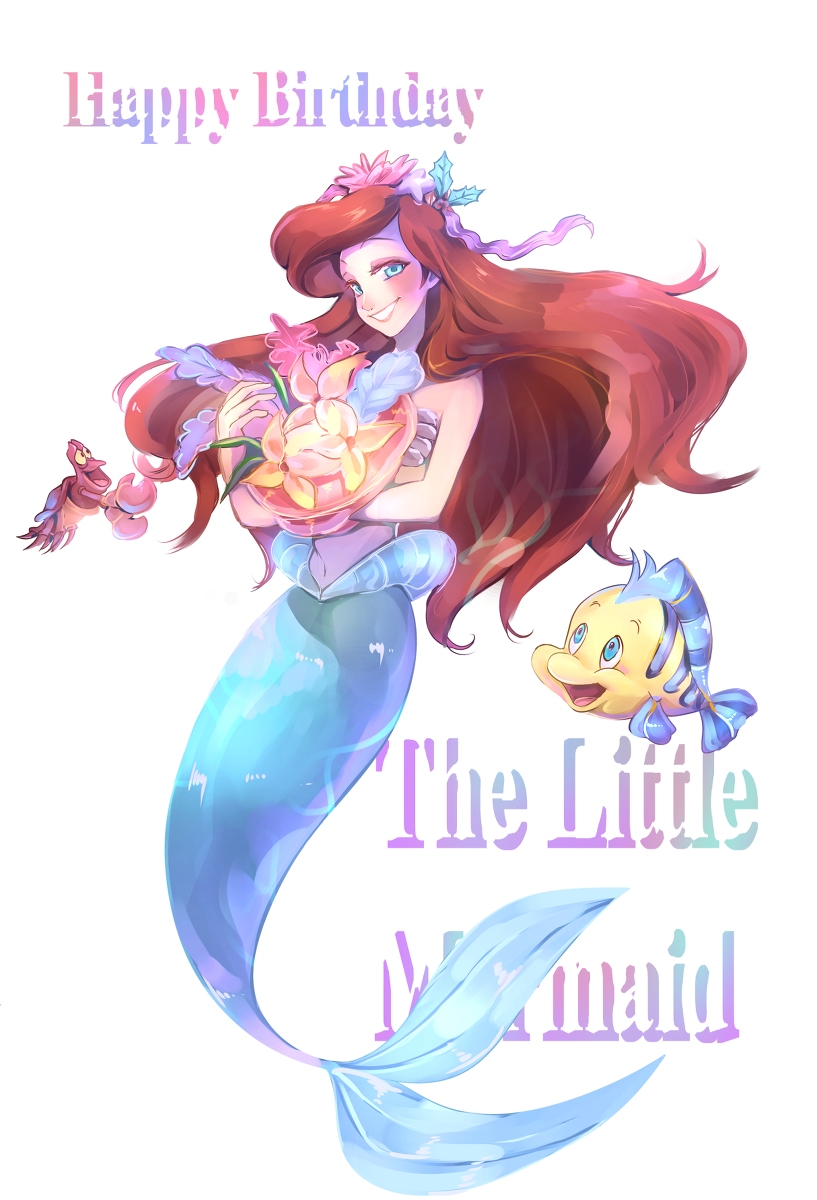 1girl ariel_(disney) blue_eyes flounder maian mermaid red_hair sebastian_(disney) the_little_mermaid