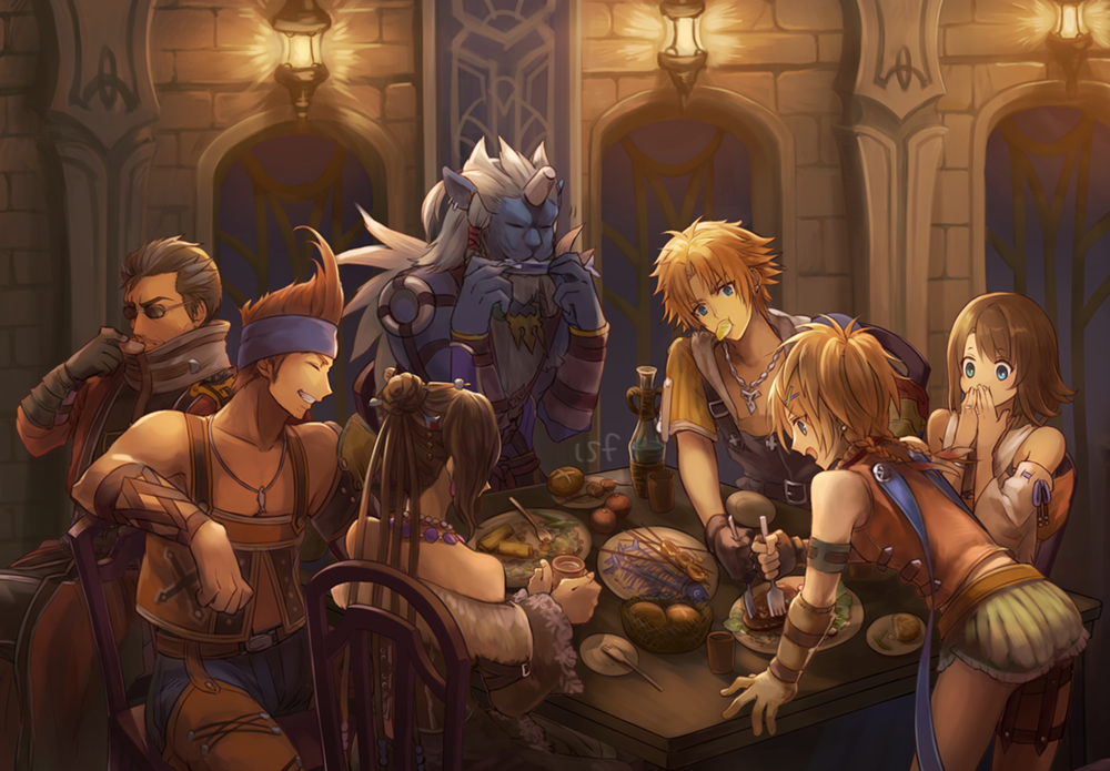 3girls 4boys auron bangs bare_shoulders black_hair blonde_hair blue_eyes blue_headband blue_skin braid broken_horn brown_hair dress earrings eating eyebrows_visible_through_hair eyes_closed facial_hair final_fantasy final_fantasy_x food fur_trim gloves green_eyes hair_ornament headband holding holding_food jewelry kimahri_ronso long_hair lulu_(ff10) multiple_boys multiple_girls necklace plate rikku sasanomesi scar scarf sitting sunglasses table tidus wakka white_hair x_hair_ornament yuna