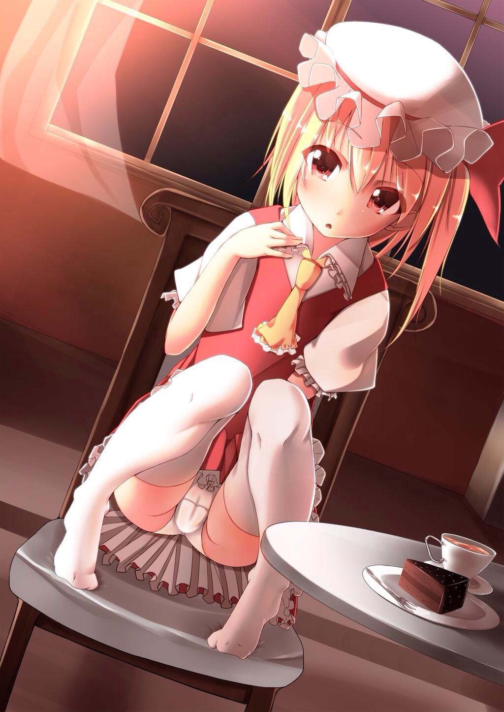 arm_support ascot asymmetrical_hair black_tea blonde_hair cake chair chobi_(h173c107) chocolate_cake cup dress dutch_angle flandre_scarlet food fork hand_on_own_chest hat highres indoors looking_at_viewer mob_cap no_shoes no_wings panties pantyshot pantyshot_(sitting) plate puffy_short_sleeves puffy_sleeves red_dress red_eyes red_skirt short_sleeves sitting skirt slice_of_cake solo table tea teacup thighhighs thighs touhou underwear white_panties window