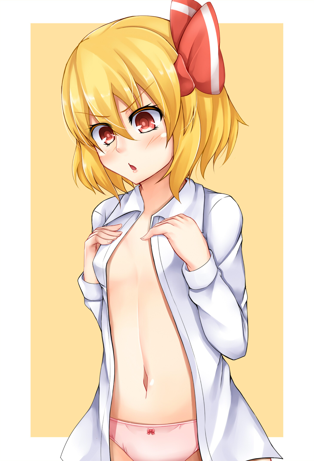 blush breasts highres looking_down navel open_clothes open_mouth open_shirt panties pink_panties red_eyes rumia shirt short_hair small_breasts solo tokoya_(ex-hetare) touhou underwear