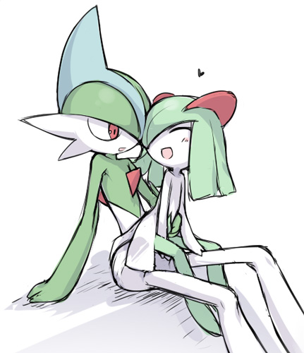 eyes_closed gallade green_hair hear horns kirlia no_humans open_mouth pokemon red_eyes short_hair sitting sitting_in_lap sitting_on_lap sitting_on_person smile utsugi_(skydream)