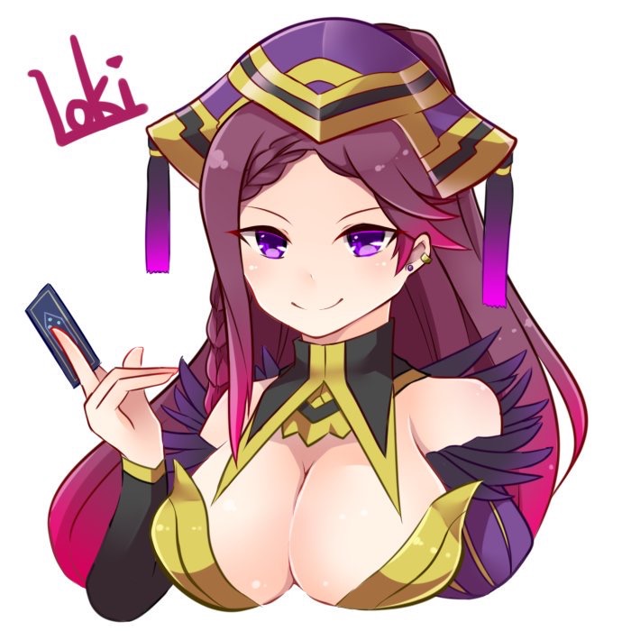 1girl bare_shoulders black_wings braid breasts card character_name cleavage detached_collar detached_sleeves ear_piercing earrings feather_trim fire_emblem fire_emblem_cipher fire_emblem_heroes gradient_hair hat heart holding holding_card jewelry large_breasts loki_(fire_emblem_heroes) long_hair looking_at_viewer multicolored_hair nintendo piercing purple_eyes purple_hair sakumado simple_background smile solo strapless upper_body white_background wings