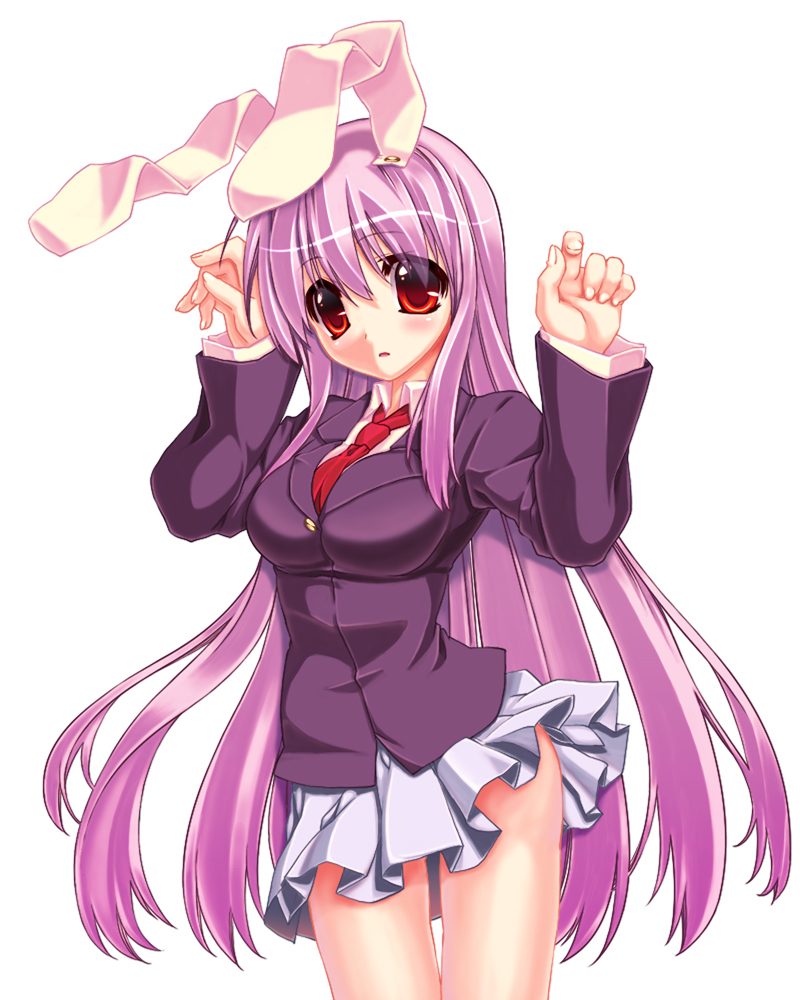animal_ears arms_up bad_id bad_pixiv_id bunny_ears colorized long_hair mitsuki_michitaka necktie red_eyes reisen_udongein_inaba simple_background skirt skirt_flip solo touhou vi_(ena0930)