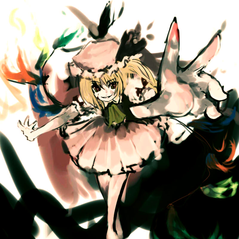 blonde_hair blood flandre_scarlet foreshortening grin hands hat outstretched_arm outstretched_hand reaching red_eyes smile solo suisa touhou wings