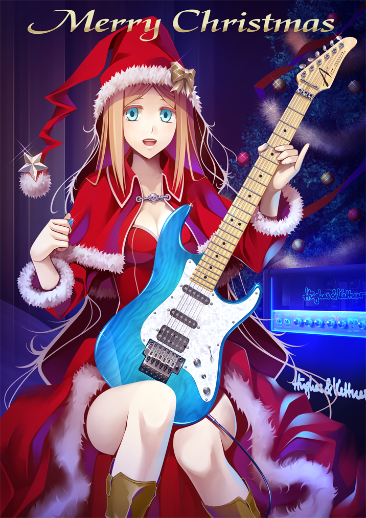 440 blonde_hair blue_eyes boots bow capelet christmas dress electric_guitar guitar hat hughes_&amp;_kettner instrument long_hair looking_at_viewer open_mouth original plectrum santa_hat smile solo tom_anderson_guitars