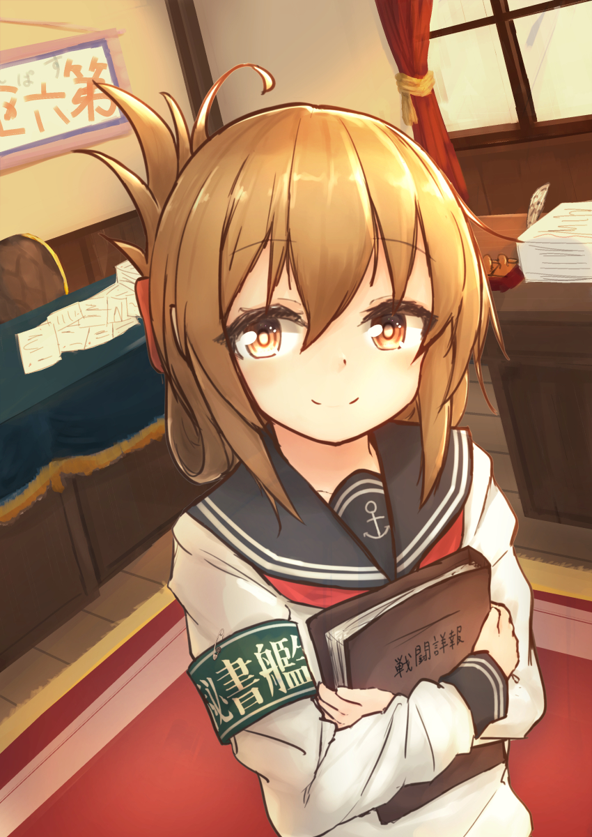 1girl anchor_symbol armband blush book brown_eyes brown_hair centi_mnkt closed_mouth collarbone curtains day eyebrows_visible_through_hair highres holding holding_book inazuma_(kantai_collection) indoors kantai_collection long_sleeves looking_at_viewer neckerchief red_neckwear sailor_collar short_hair sketch smile solo standing window