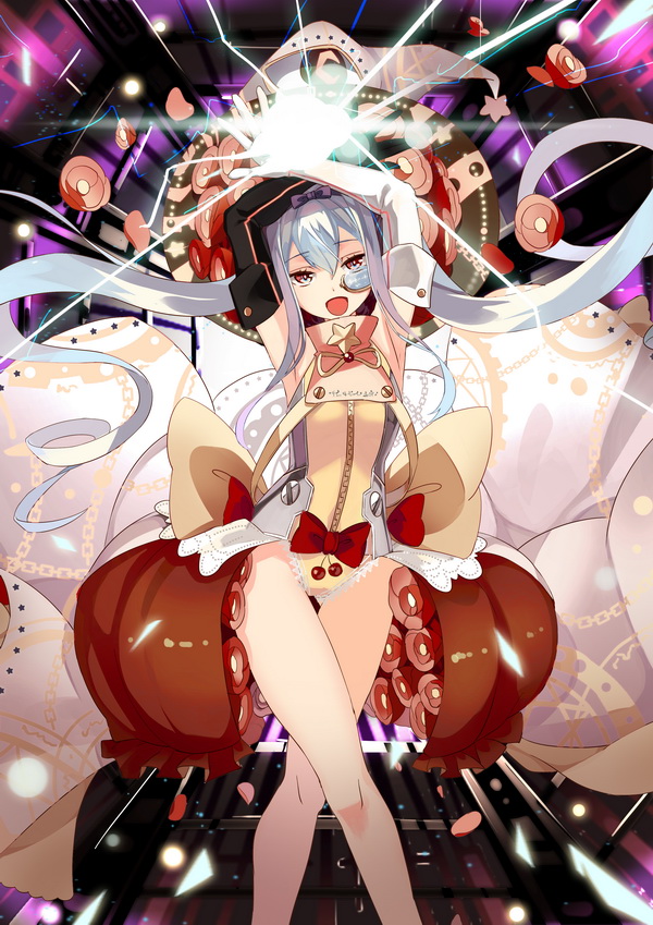 armpits arms_up asymmetrical_clothes black_gloves blue_hair dress elbow_gloves gloves glowing hair_ornament hat long_hair open_mouth red_eyes selenoring smile solo souseiki_aster_gate twintails white_gloves