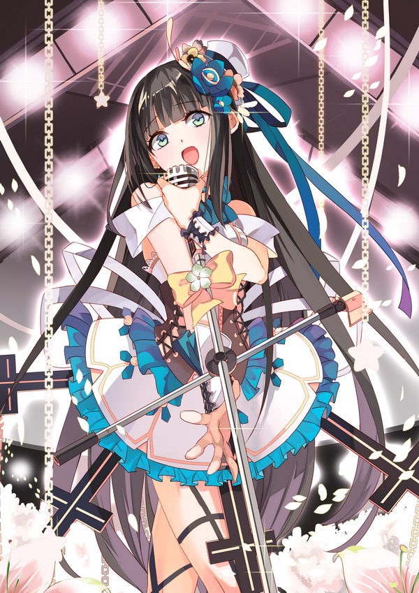 bare_shoulders black_hair blue_eyes bow chain dress long_hair looking_at_viewer microphone microphone_stand open_mouth ribbon selenoring smile solo souseiki_aster_gate very_long_hair wristband