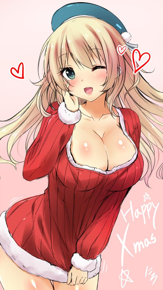 ;d aqua_eyes atago_(kantai_collection) blonde_hair blush breasts christmas cleavage cowboy_shot fur_trim hand_on_own_face hat heart jpeg_artifacts kantai_collection large_breasts legs_together long_hair looking_at_viewer nironiro one_eye_closed open_mouth pink_background ribbed_sweater santa_costume smile solo sweater