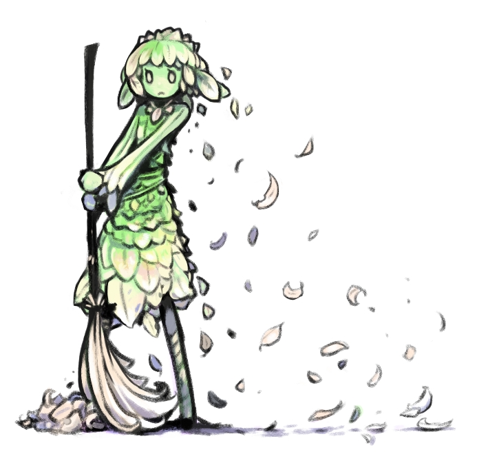 1girl broom female idon leaves monster_girl original plant_girl simple_background solo standing sweeping white_background
