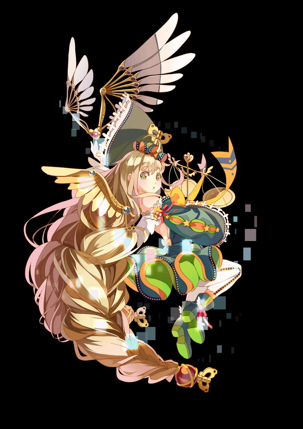 arm_up black_background blonde_hair boots copyright_request dress green_eyes hair_ornament long_hair long_sleeves looking_back open_mouth selenoring solo very_long_hair wings