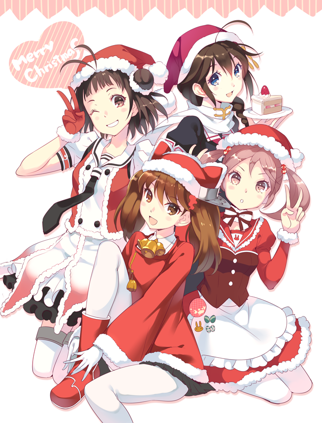 :d :o ;d ahoge animal_hat antenna_hair apron bell black_hair blue_eyes blush braid brown_eyes brown_hair cake cat_hat double_bun double_v food fruit fur_trim gloves grin hair_bobbles hair_ornament hat heart kantai_collection knee_up looking_at_viewer merry_christmas multiple_girls naka_(kantai_collection) necktie nishimura_eri one_eye_closed open_mouth pantyhose pink_eyes pink_hair plate red_gloves ryuujou_(kantai_collection) santa_hat sazanami_(kantai_collection) scarf school_uniform shigure_(kantai_collection) single_braid sitting slice_of_cake smile strawberry strawberry_shortcake twintails v white_gloves white_legwear