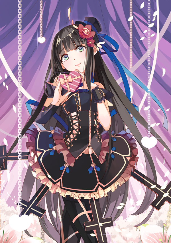 bare_shoulders black_hair blue_eyes bow chain dress heart long_hair looking_at_viewer pantyhose ribbon selenoring smile solo souseiki_aster_gate very_long_hair wristband