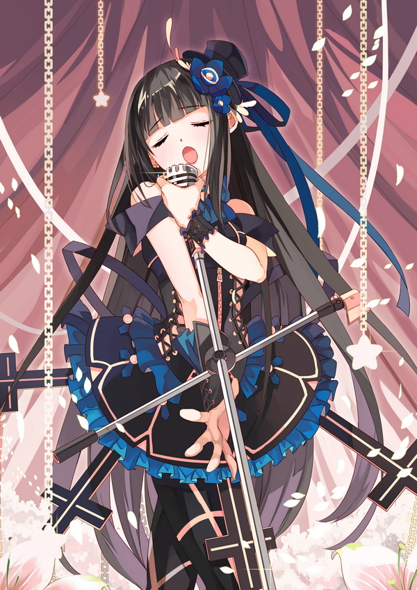 bare_shoulders black_hair bow chain closed_eyes dress long_hair looking_at_viewer microphone microphone_stand open_mouth pantyhose ribbon selenoring solo souseiki_aster_gate very_long_hair wristband